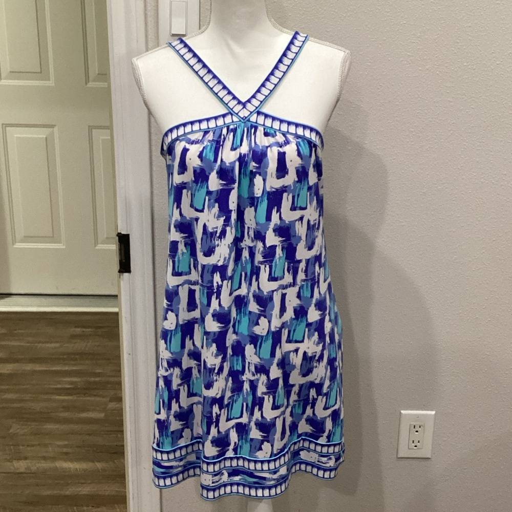 Preowned BCBG MaxAzria Halter Neck Dress Abstract Blue & White Size Small